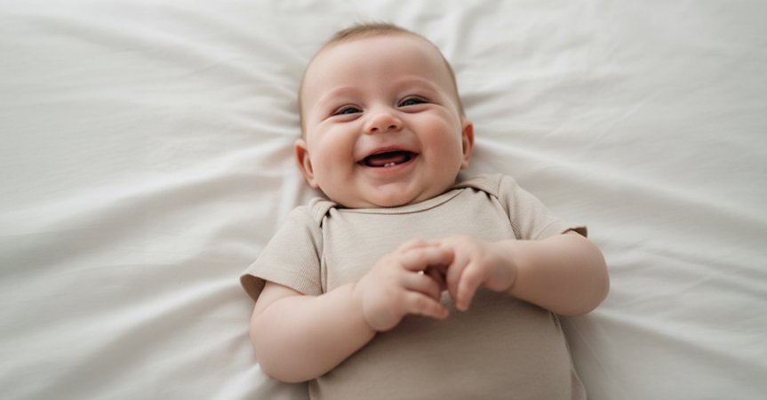 Bebê sorridente deitado em lençóis brancos, vestindo um body de algodão bege claro confortável.