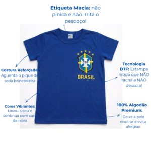 Camiseta Azul do Brasil Infantil Menino e Menina 100% algoão