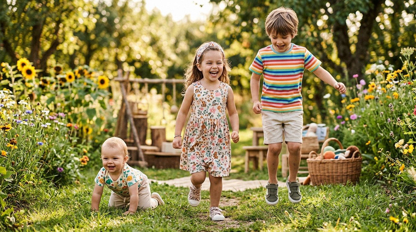 Crianças brincando em jardim ensolarado: menina com vestido floral, menino com camiseta listrada e bebê de body estampado, representando moda infantil confortável e alegre.