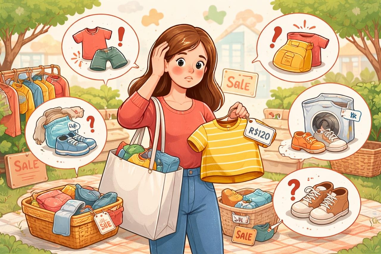 Mãe analisando roupas infantis em loja cercada por peças, sapatos e acessórios infantis, representando erros comuns na compra de roupas para crianças.