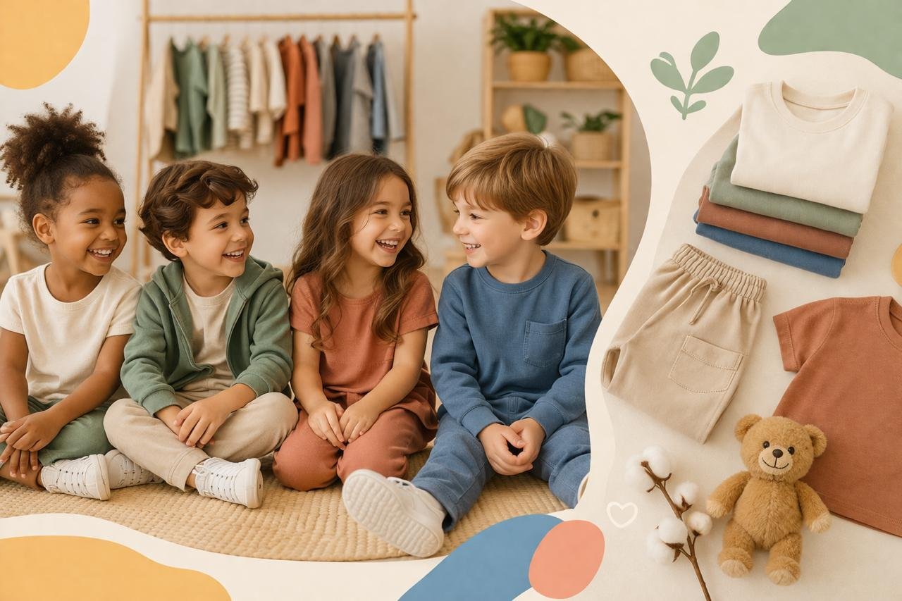 Roupas infantis coloridas e confortáveis organizadas ao ar livre com vestido, camisetas, jardineiras, shorts, tênis e ursinho de pelúcia em cenário alegre de piquenique.