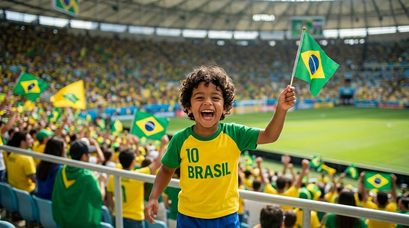Criança sorrindo vestindo camiseta do Brasil infantil verde e amarela