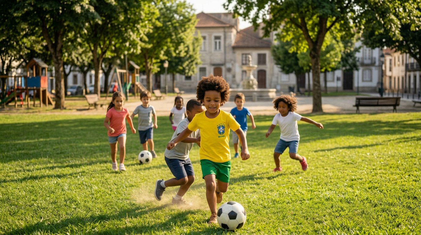 Menino jogando bola em um parque com outras crianças, usando camiseta do Brasil infantil da Basikinhos.
