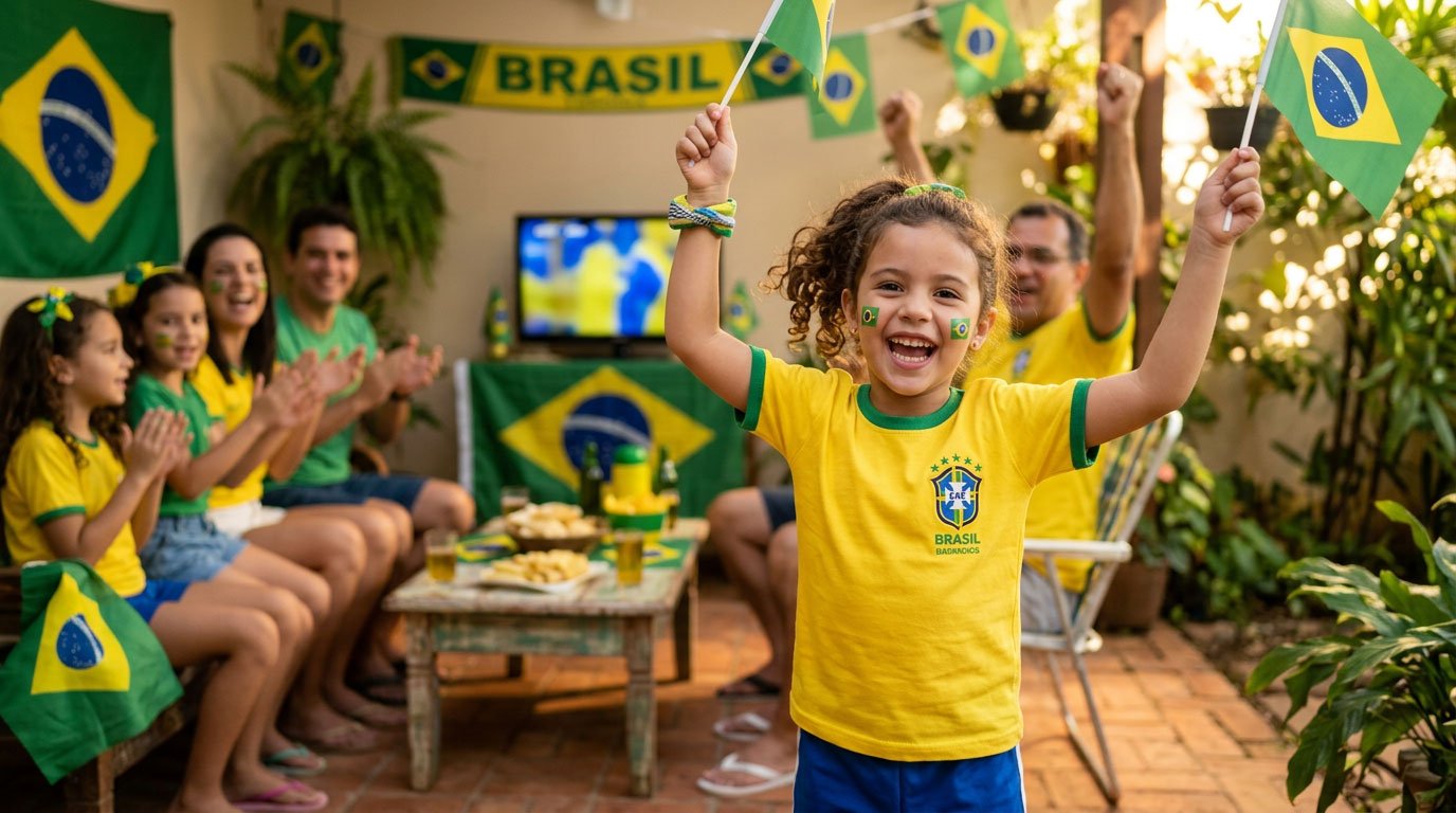 Camiseta Brasil infantil amarela em algodão: criança sorridente com bandeiras do Brasil na festa em família.