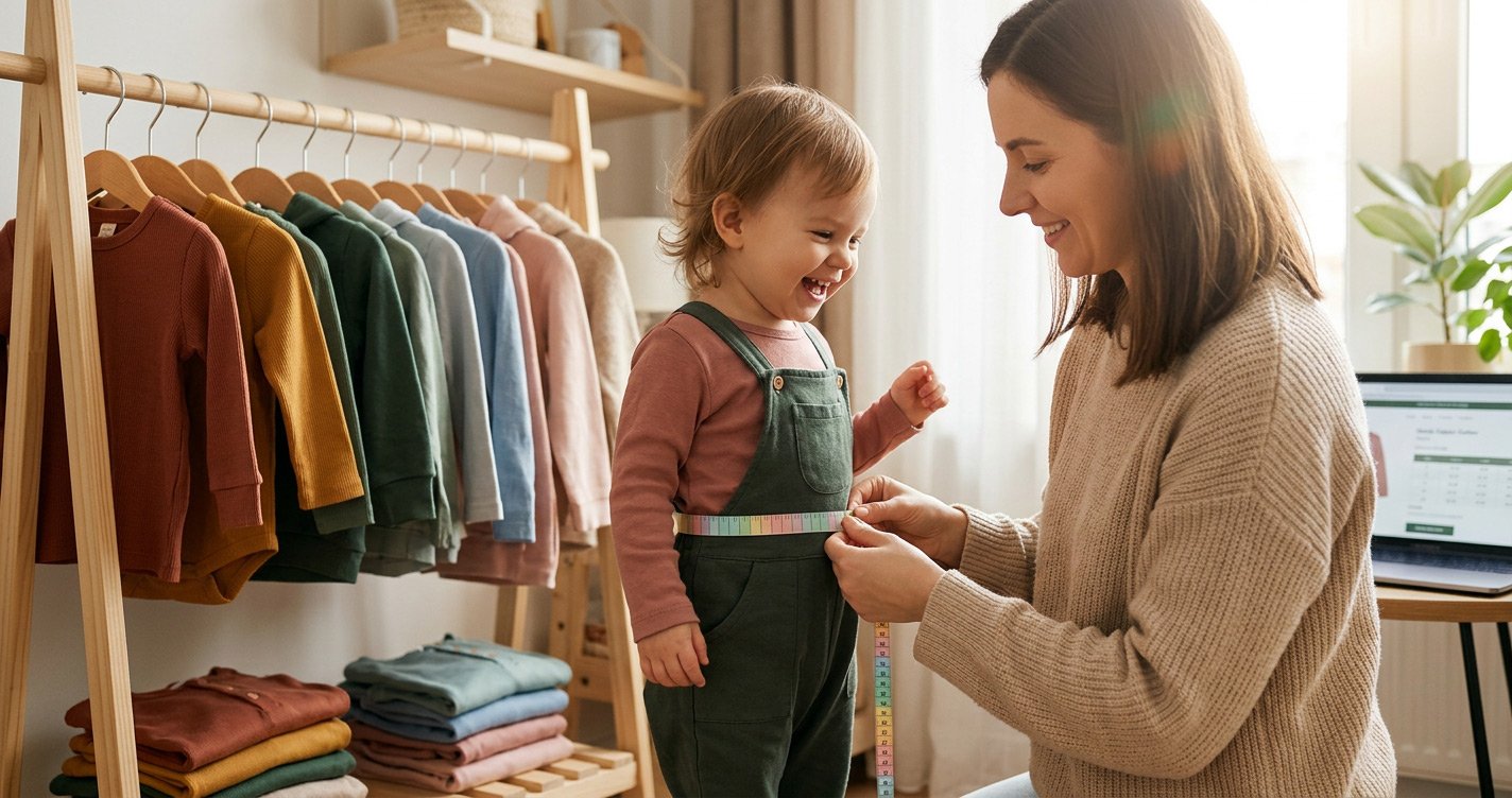Mãe medindo o filho com fita métrica para comprar roupa infantil online sem erro de tamanho em loja virtual.
